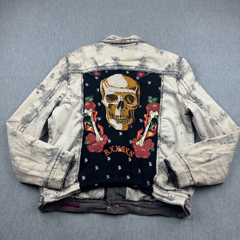 VTG Rock Revival Jacket Mens XL Gray Distressed Studded‎ Rare Custom Patch Skull